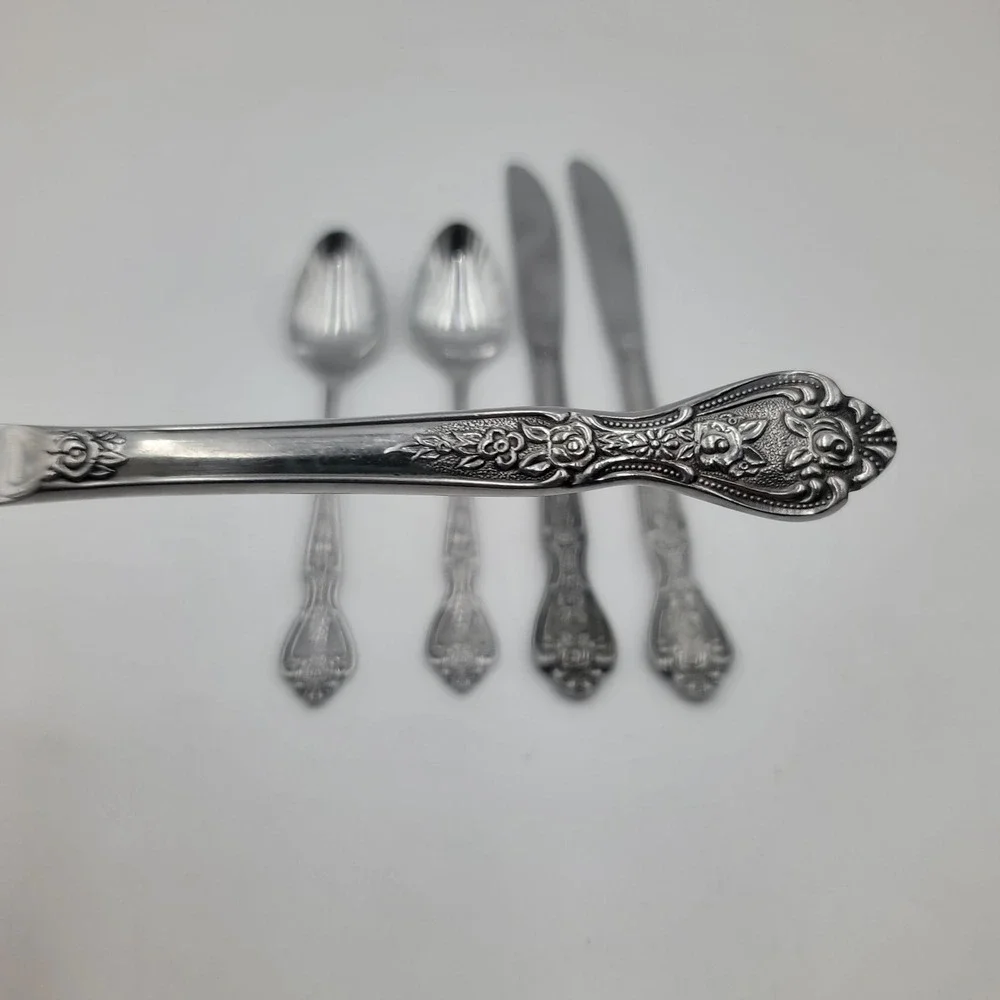 Normandy Stainless Japan Flatware Set 5pc Floral Rose Pattern 3 Knives 2 Spoons